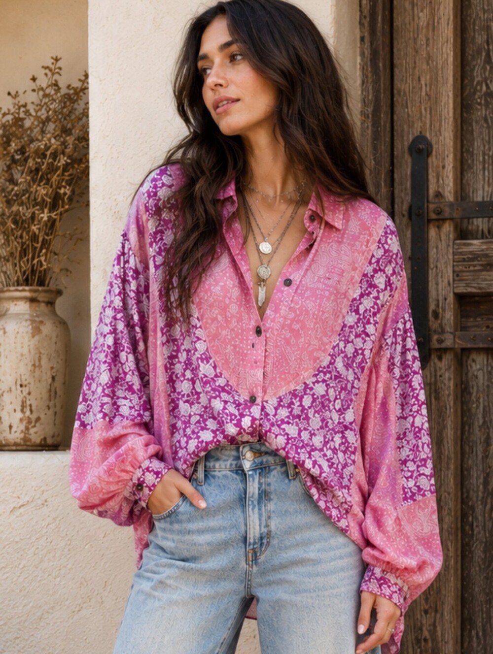 POL Patchwork Paisley Floral Button Down Oversized Boho Shirt Pink Cotton Size S